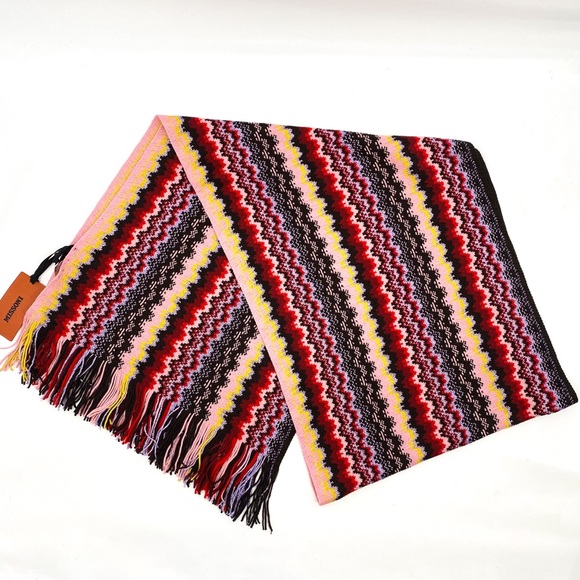 MISSONI Womens Zigzag Wool Blend Fringe Scarf Pink - Picture 5 of 6